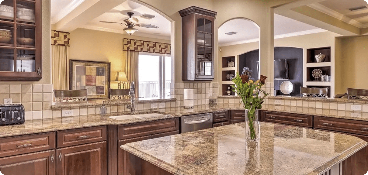 Elegant kitchen interior with floral centerpiece