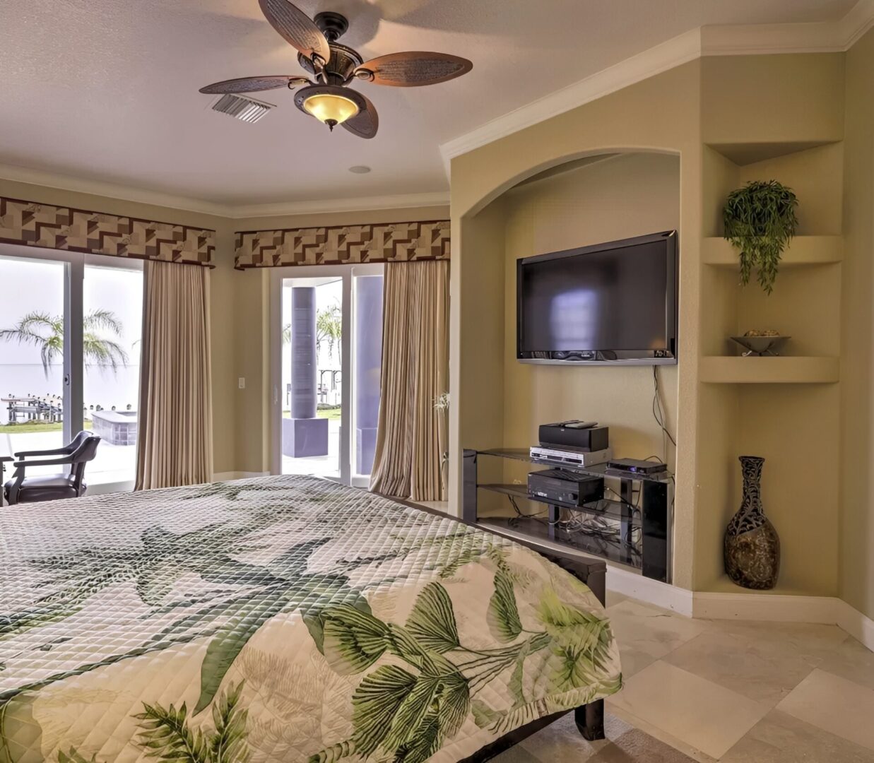 Cozy bedroom featuring palm leaf bedding